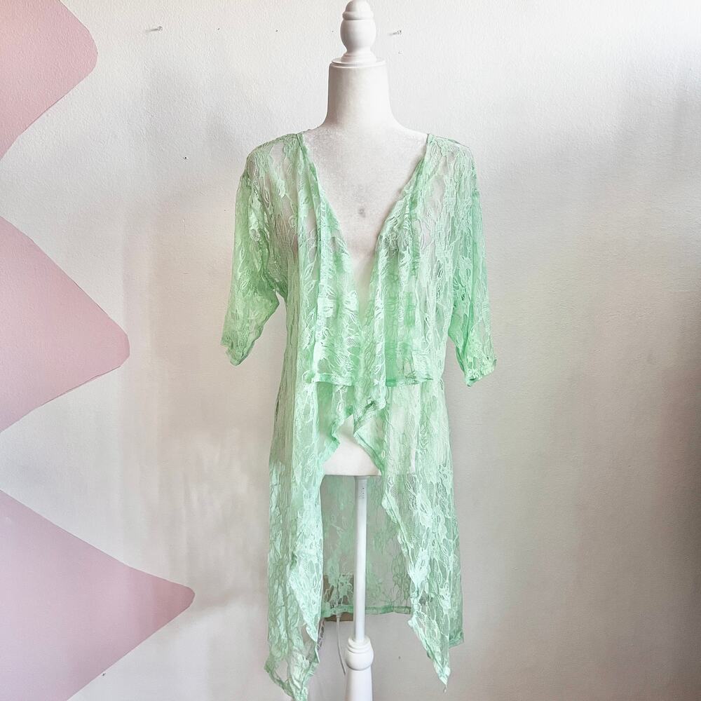 Green Lace Asymmetrical Kimono Cardigan Y2K Boho Fairycore‎ 2000s Small